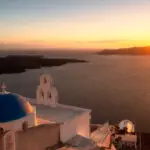 Santorini Fotoreisen firostefani- Kirche Blaue, Kuppel, Sonnenuntergang