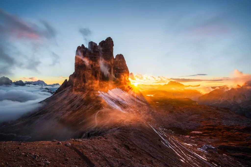 Drei Zinnen im goldenen Abendlicht – Fotoreise Dolomiten