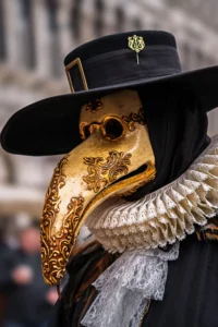 Goldene Pestmaske beim Karneval Venedig im Abendlicht